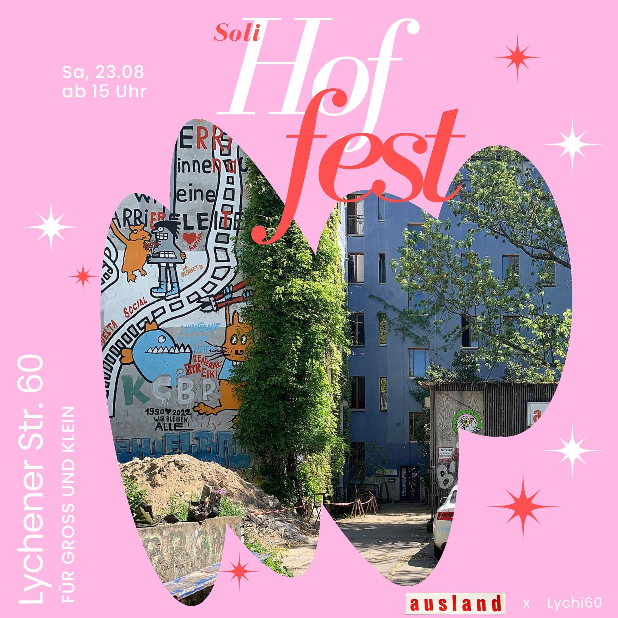 A pink background makes way to a cut image of a photo, of the yard of lychi. It shows a wall with a graph, to the right a huge climbing plant many storeys tall, and to the right of this a wall with many small windows. The text on the poster specifies the time of the party and informations which are in the rest of the post.iti